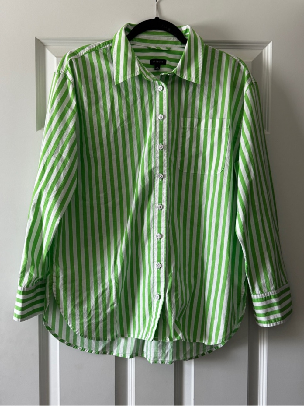 Talbots Classic Striped Button Green & White M 100% Cotton